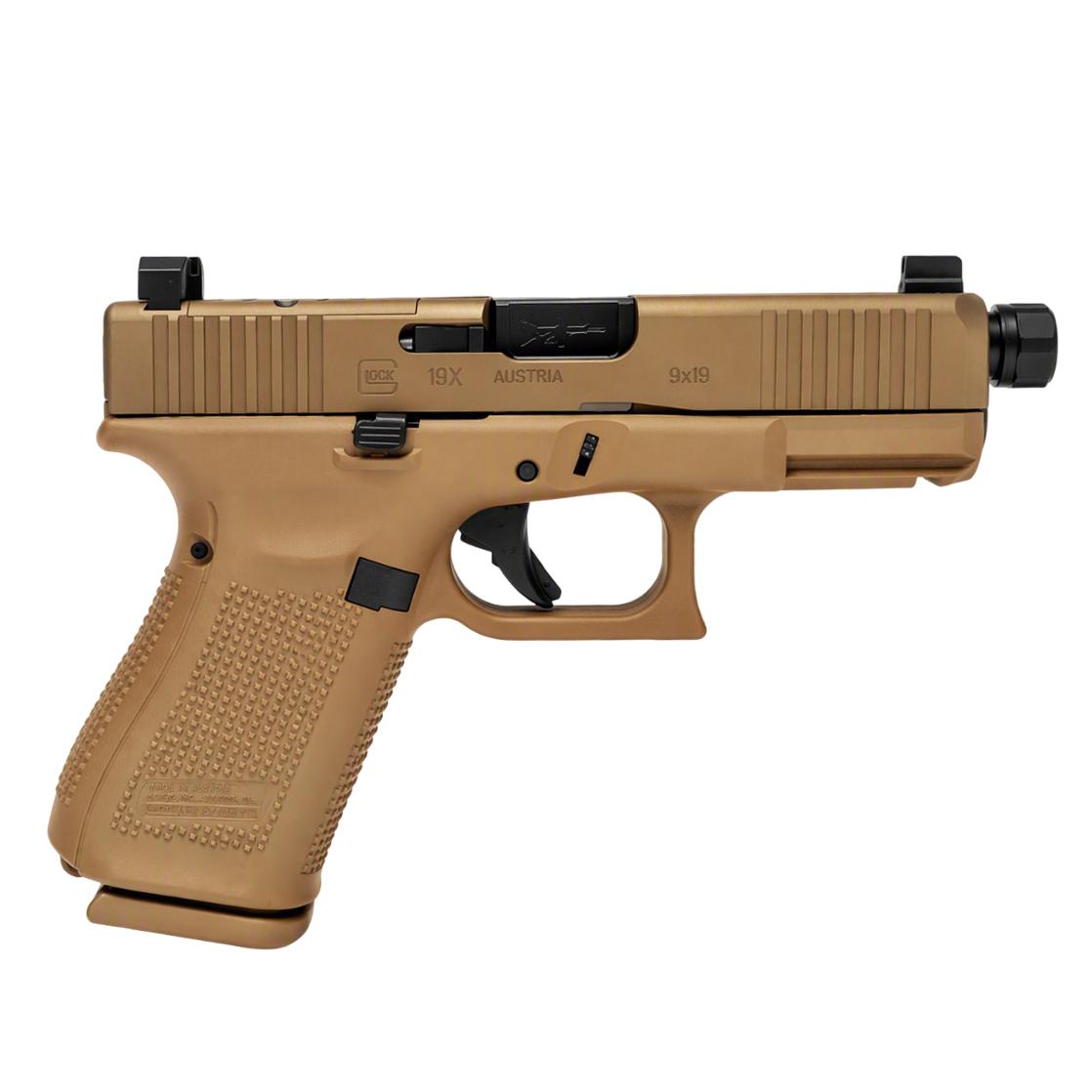 Glock V-Series Model 19 w/HUSH Slide Lock Handgun 9mm Luger 15rd Magazines(3) 4.6" Threaded Barrel Suppressor Sights FDE USA - Glock